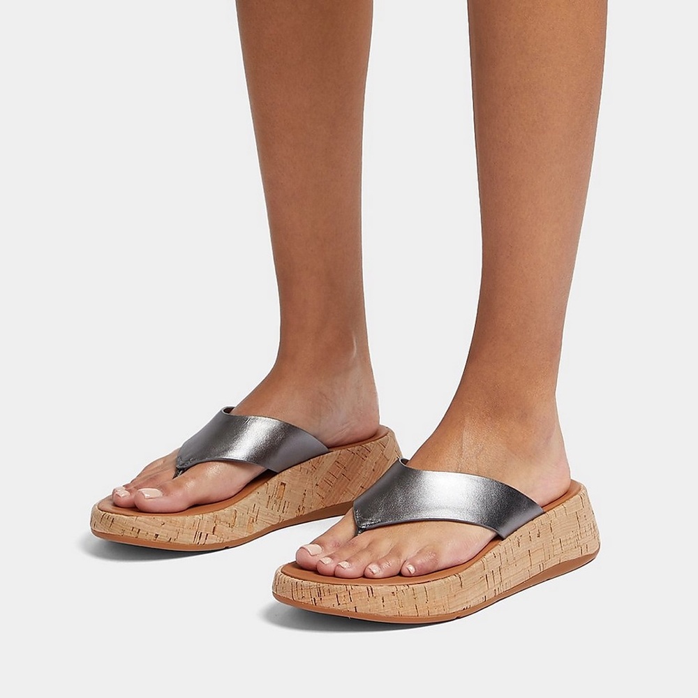 FitFlop Metallic F-mode Leather/Cork Flatform Sandals